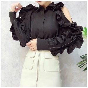 Dramatic Black Zip Ruffle Sleeve Top Size Small Medium